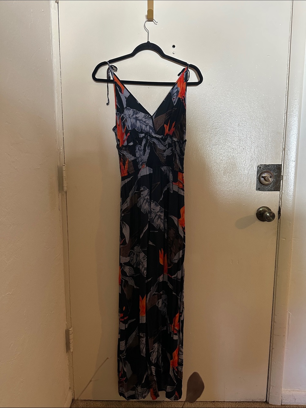 Patrons of Peace Black Gray Orange Rayon Abstract V-Neck Strappy Jumpsuit M